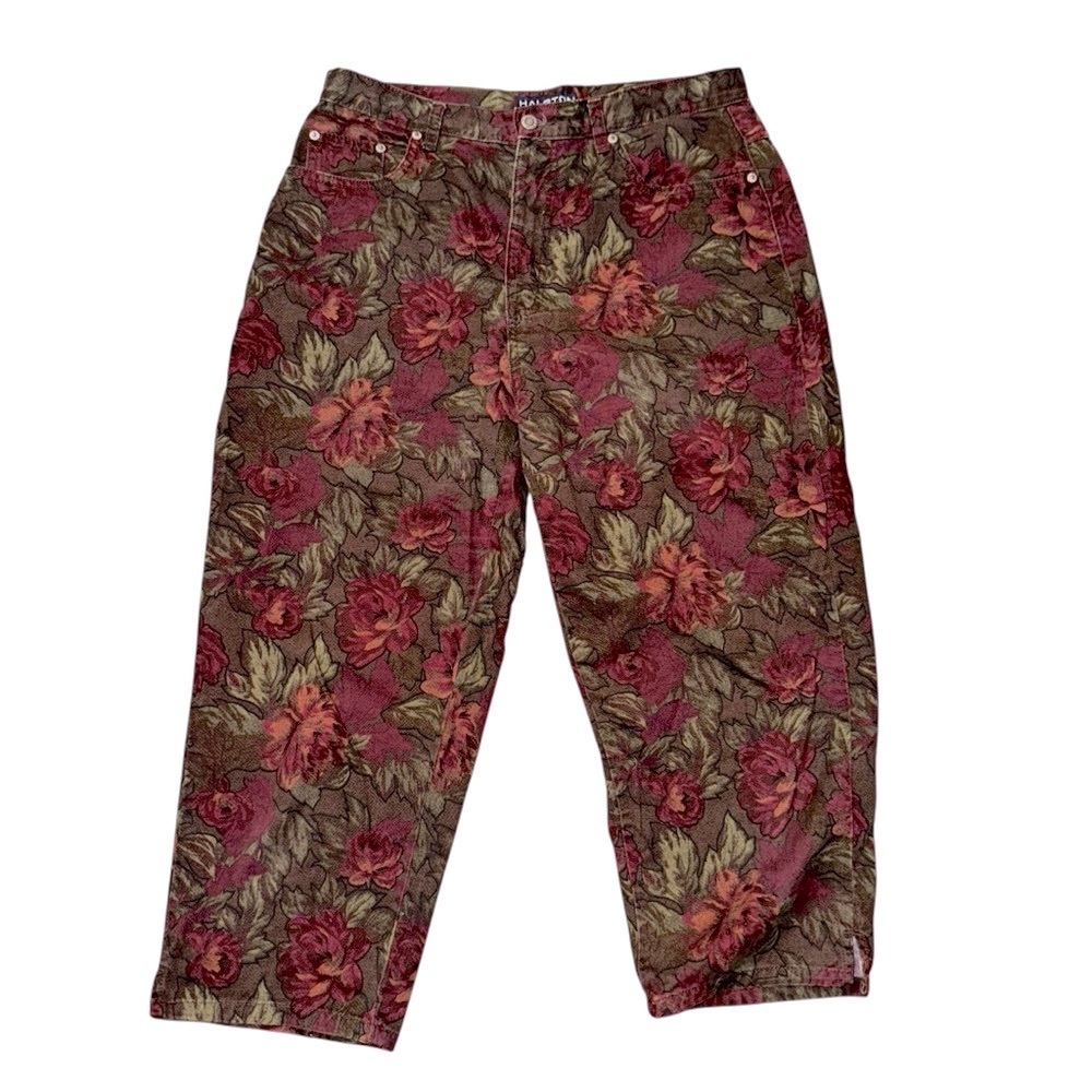 Halston Women’s Size 14 Cropped/Capri Floral Burgundy Green Denim Fall Style